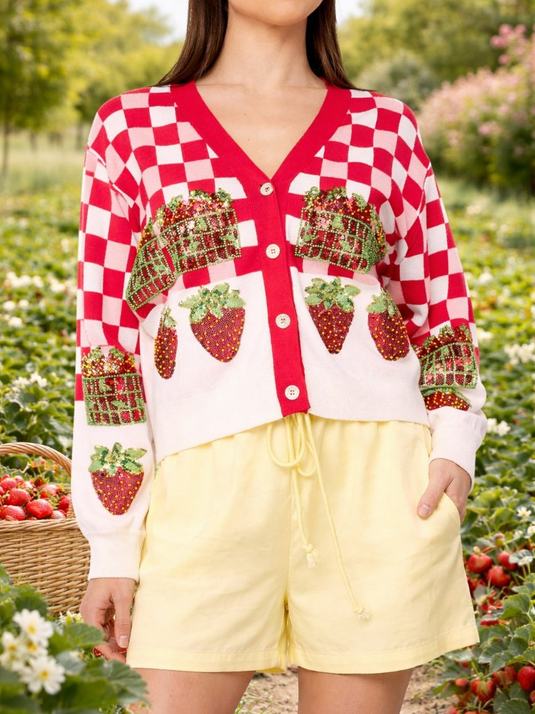 Nwt Queen Of Sparkles Red & White Checkered Strawberry Button Up Cardigan